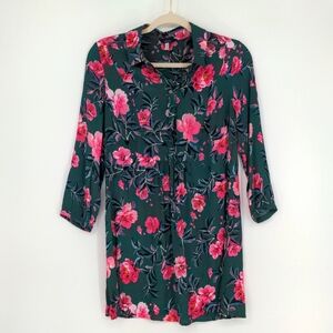 Joules Women's Athena Tunic Top Size 4 Floral Green Pink 1/2 Button Front Office